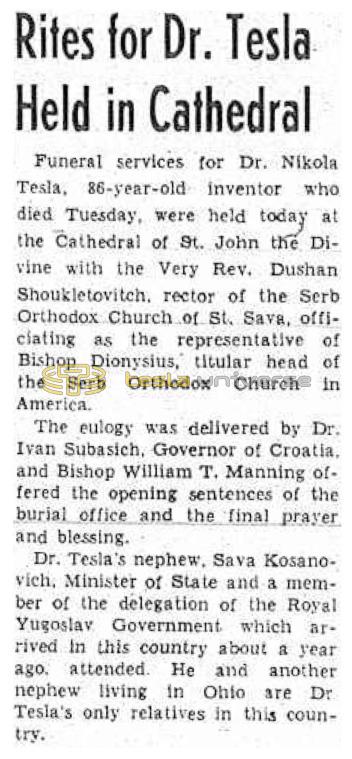 Preview of Rites for Dr. Tesla Held in Cathedral article