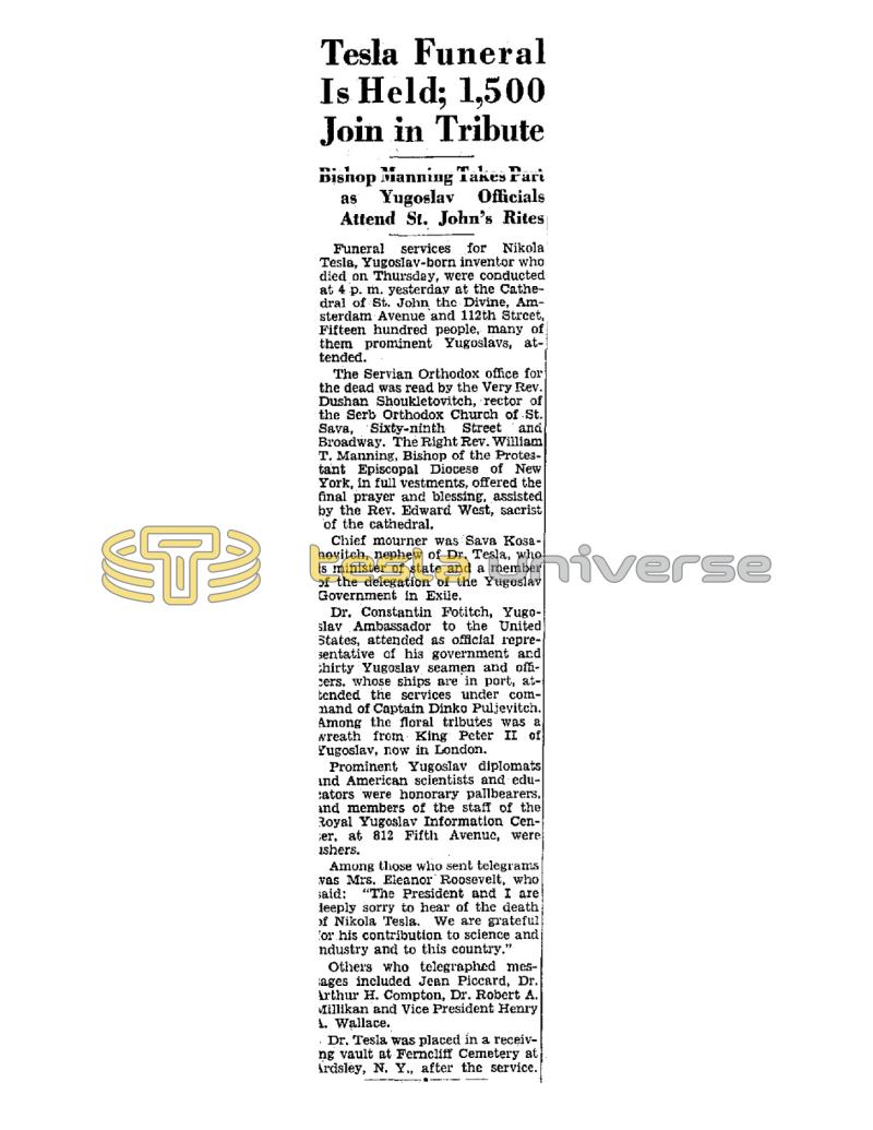 Preview of Tesla Funeral Is Held; 1,500 Join in Tribute article