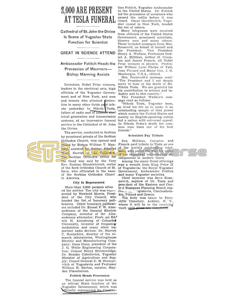 Preview of 2,000 Are Present At Tesla Funeral article