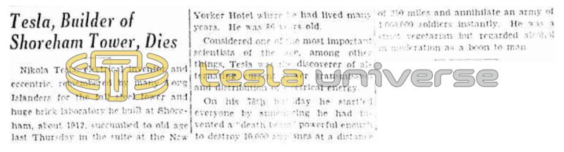Preview of Tesla, Builder of Shoreham Tower, Dies article