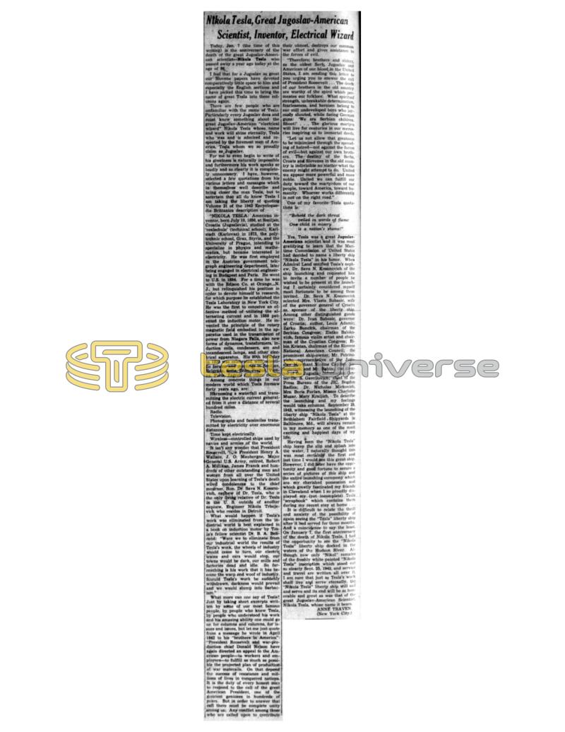 Preview of Nikola Tesla, Great Jugoslav-American Scientist, Inventor, Electrical Wizard article