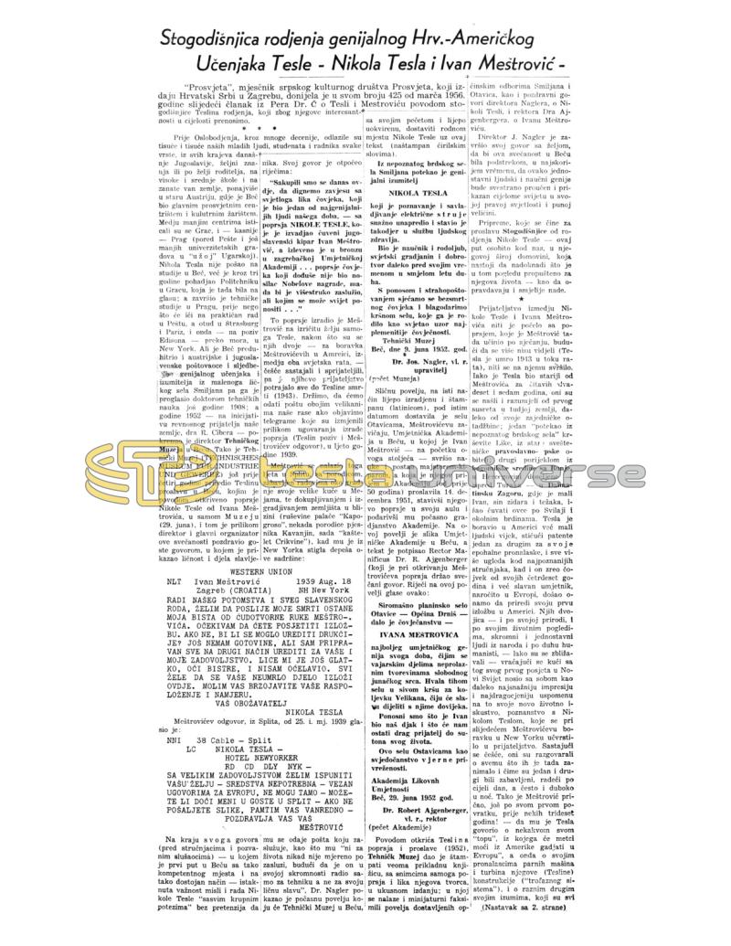 Preview of Centenary of the Birth of the Genius Croatian - American Scientist Tesla - Nikola Tesla and Ivan Meštrović article