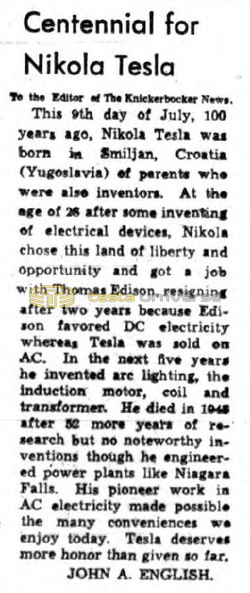 Preview of Centennial for Nikola Tesla article