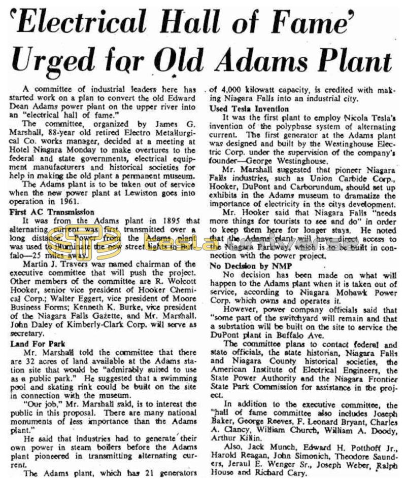 Preview of 'Electrical Hall of Fame' Urged for Old Adams Plant article