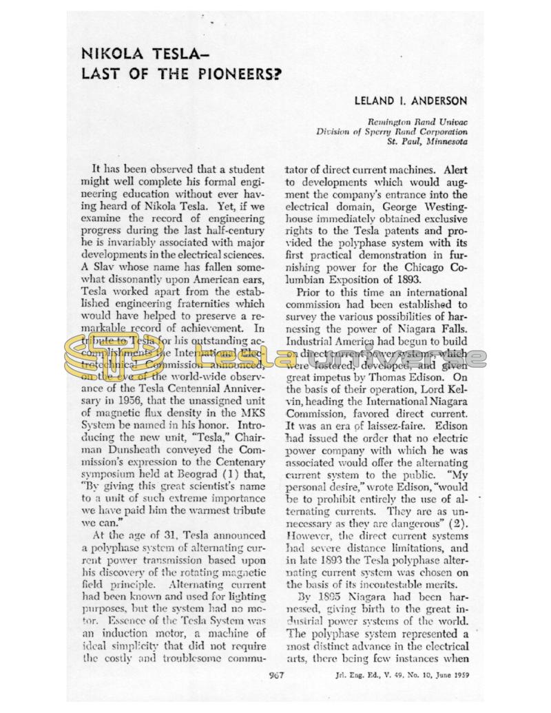 Preview of Nikola Tesla - Last of the Pioneers? article