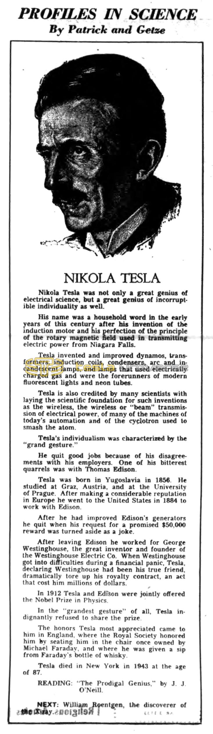 Preview of Profiles in Science - Nikola Tesla article