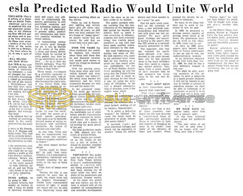 Preview of Tesla Predicted Radio Would Unite World article