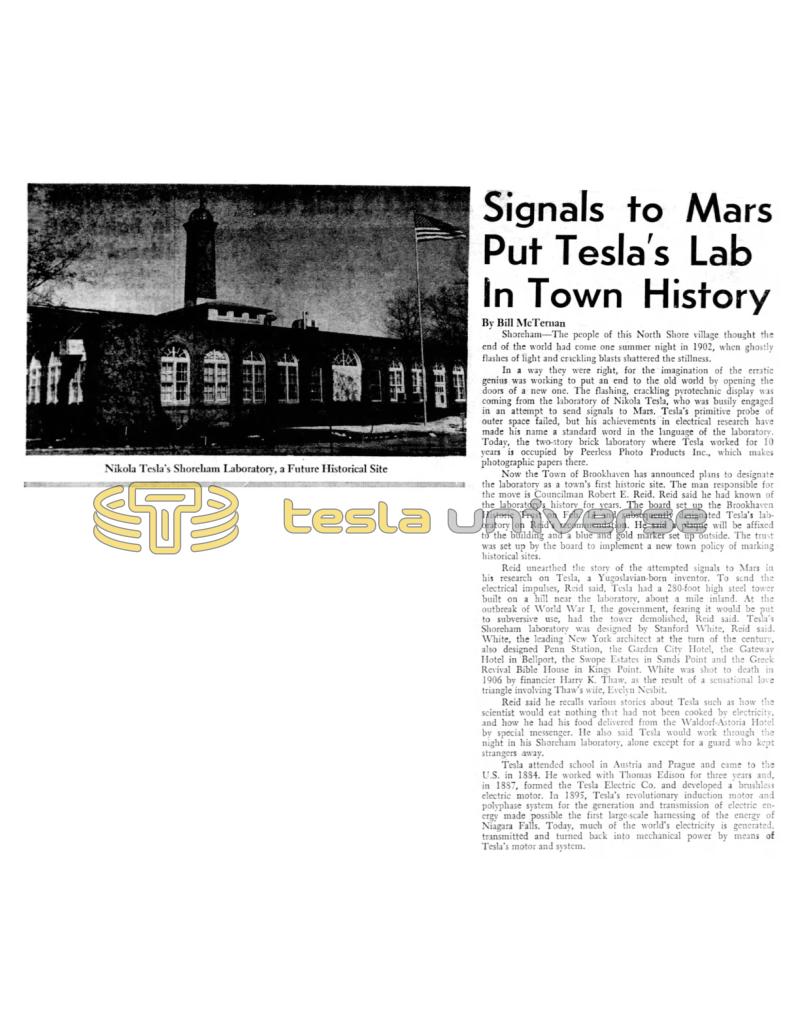 Preview of Signal to Mars Put Tesla's Lab In Town History article