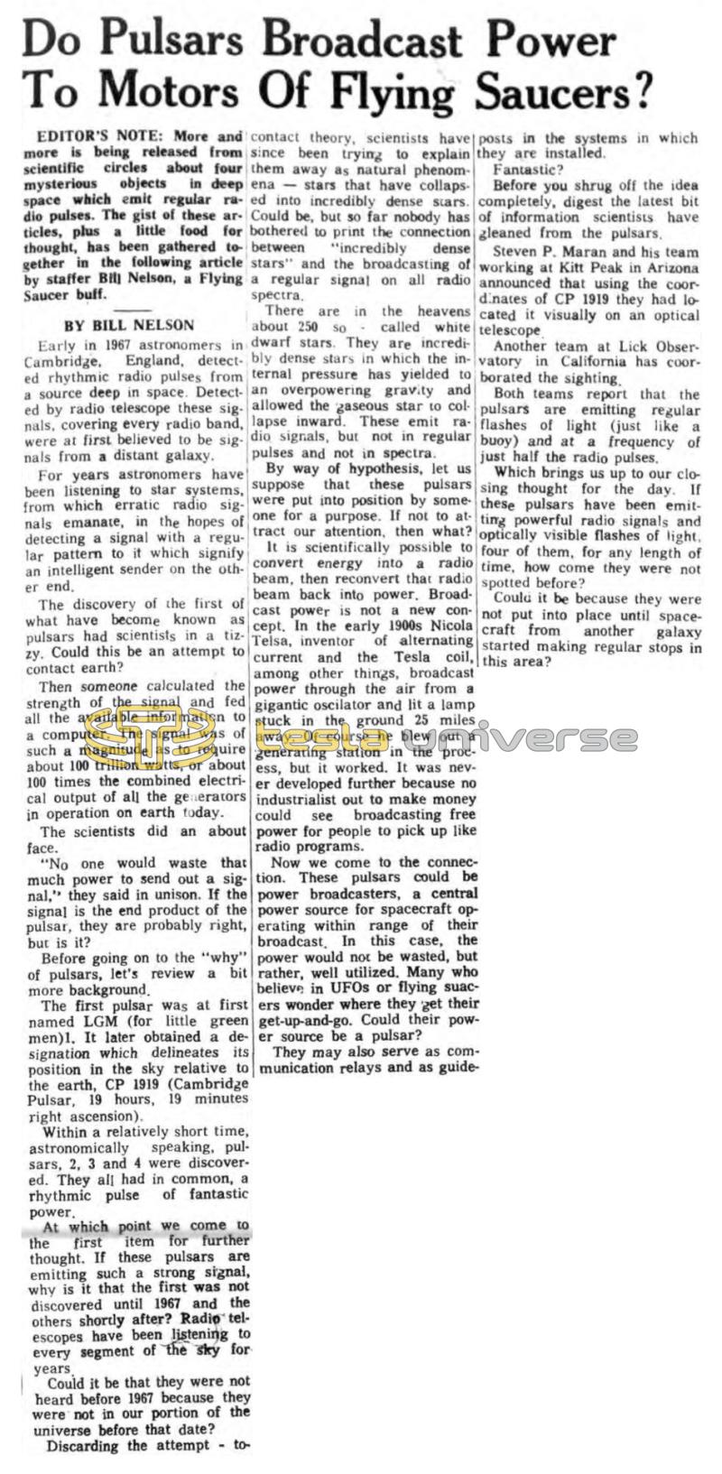 Preview of Do Pulsars Broadcast Power To Motors of Flying Saucers? article