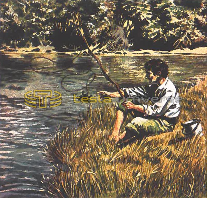 Illustration of Nikola Tesla fishing as a young man