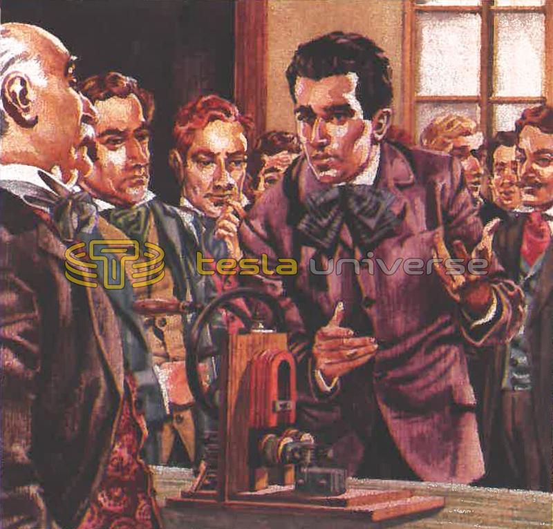 Illustration of Nikola Tesla arguing with Professor Poeschl over the Gramme dynamo