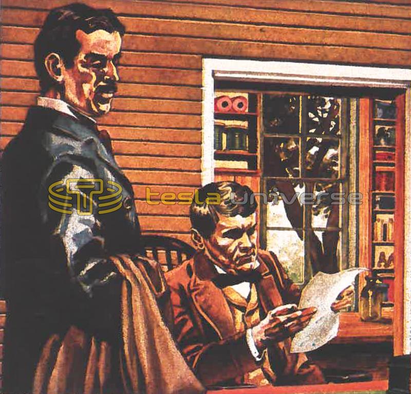 Illustration of Tesla presenting Edison with letter of recommendation