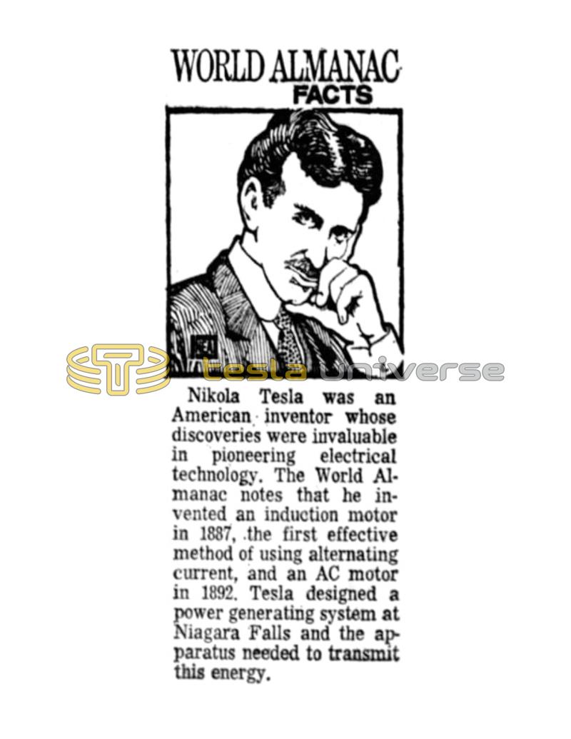 Preview of World Almanac Facts - Nikola Tesla article