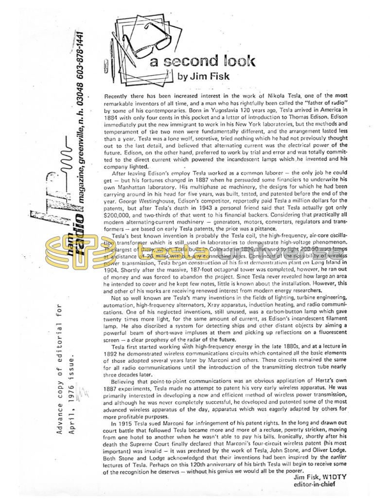 Preview of A Second Look - Recent Interest in the Work of Nikola Tesla article