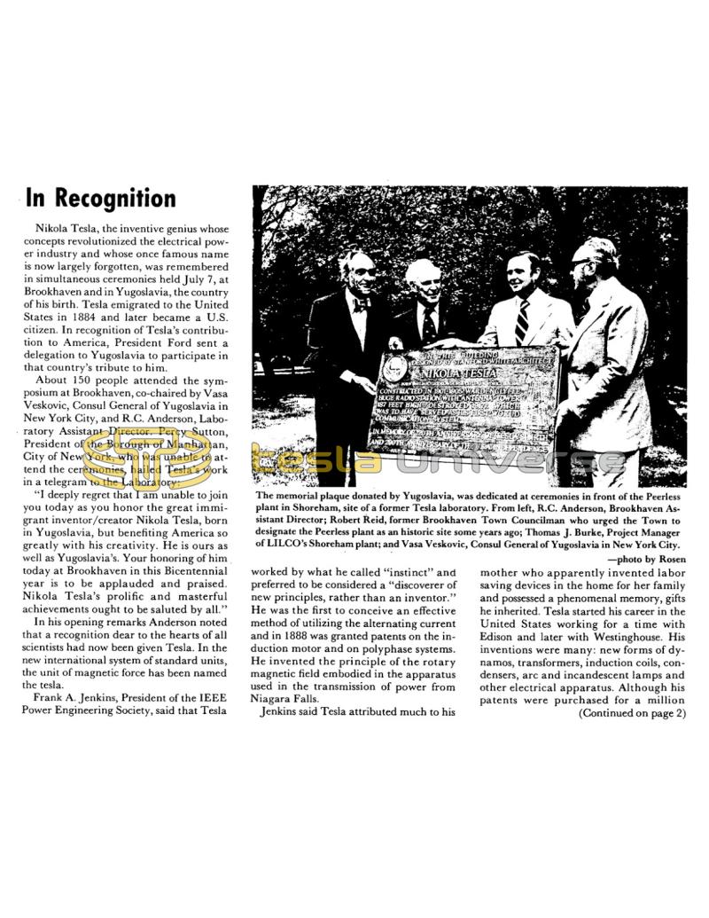 Preview of In Recognition - Nikola Tesla Plaque Dedicated to Peerless at Wardenclyffe article