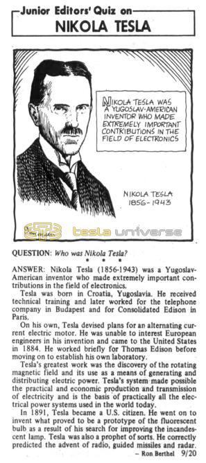 Preview of Junior Editor's Quiz on Nikola Tesla article
