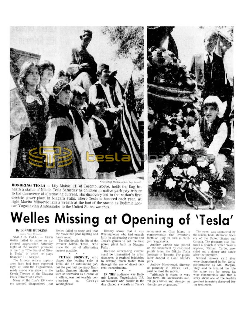 Preview of Welles Missing at Opening of "Tesla" article