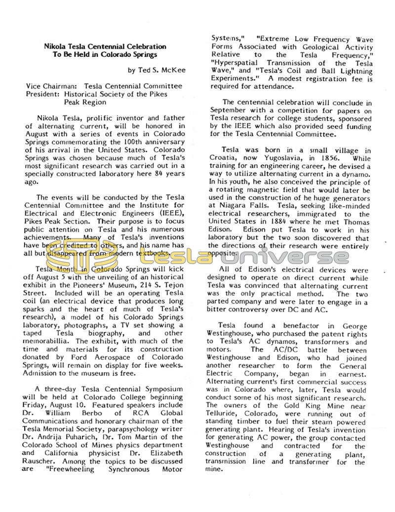 Preview of Nikola Tesla Centennial Celebration To Be Held in Colorado Springs article