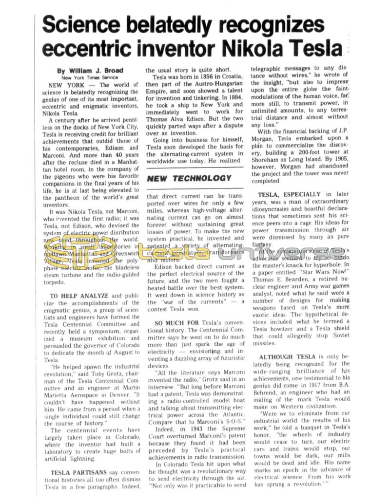 Preview of Science Belatedly Recognizes Eccentric Inventor Nikola Tesla (condensed reprint) article