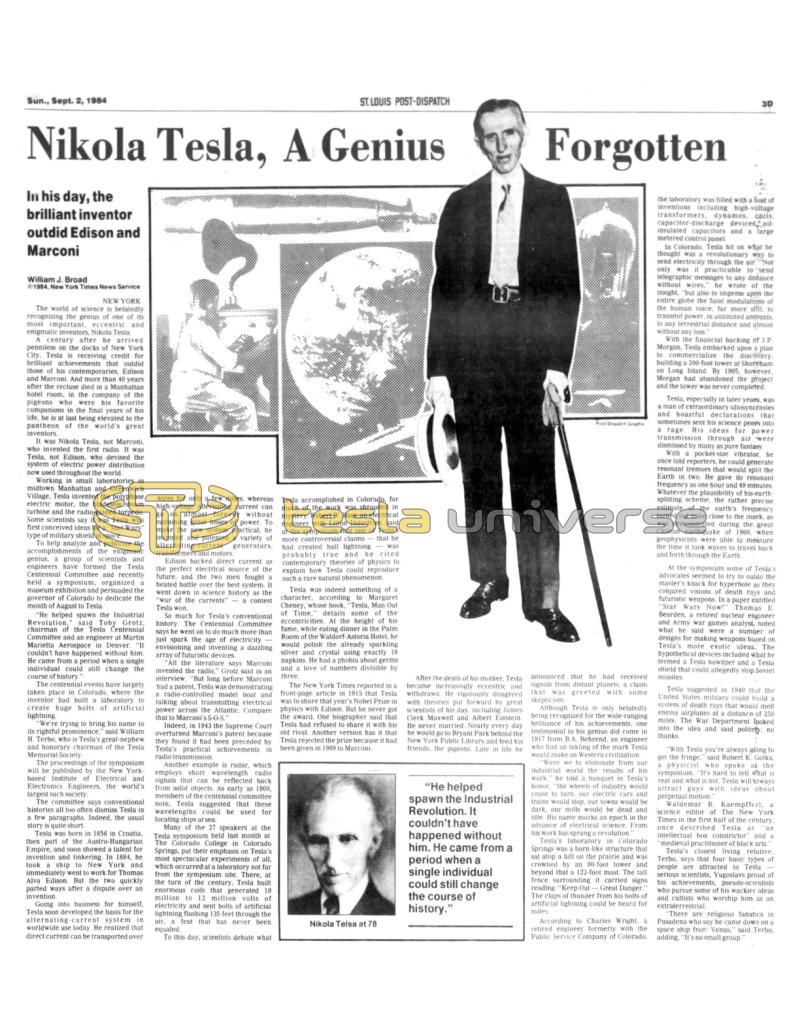 Preview of Nikola Tesla, A Genius Forgotten (reprint) article