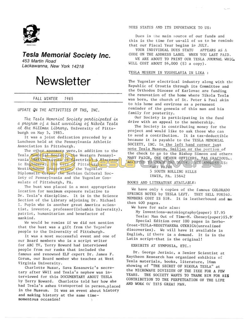 Preview of Tesla Memorial Society Newsletter - Fall/Winter 1985 article