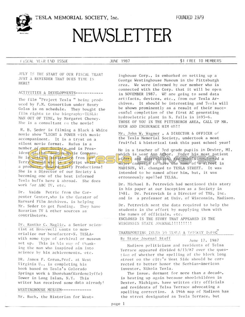 Preview of Tesla Memorial Society Newsletter - June 1987 article