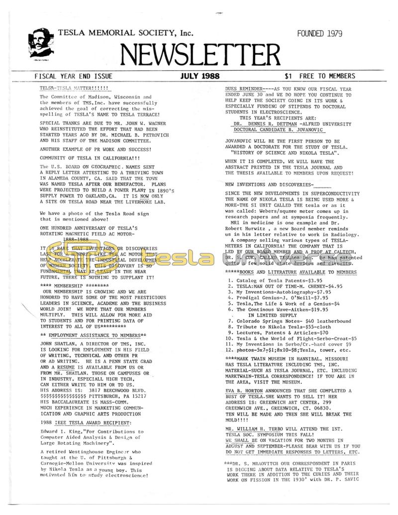 Preview of Tesla Memorial Society Newsletter - July 1988 article