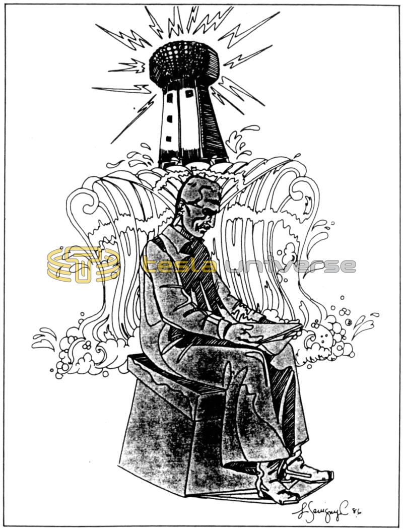 Drawing of Nikola Tesla Goat Island Statue and Wardenclyffe Tower