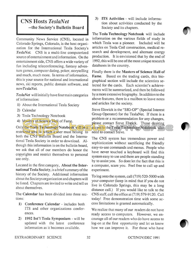 Preview of CNS Hosts TeslaNet - the Society's Bulletin Board article