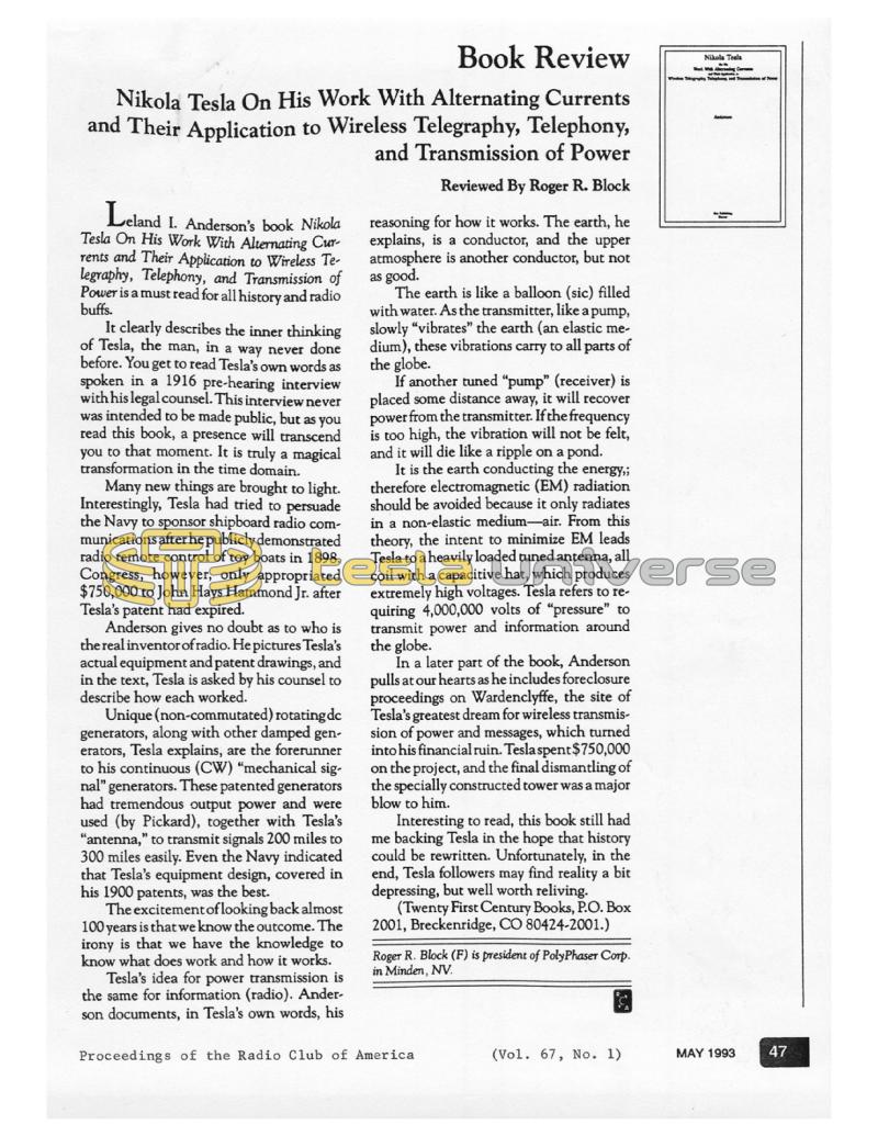 Preview of Review of Nikola Tesla On His Work With Alternating Currents and Their Application to Wireless Telegraphy, Telephony, and Transmission of Power article