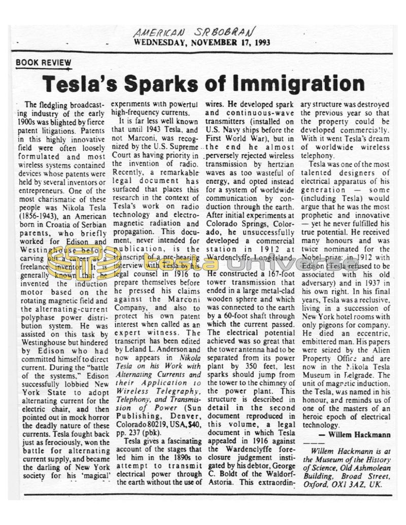 Preview of Book Review - Tesla's Sparks of Immigration article