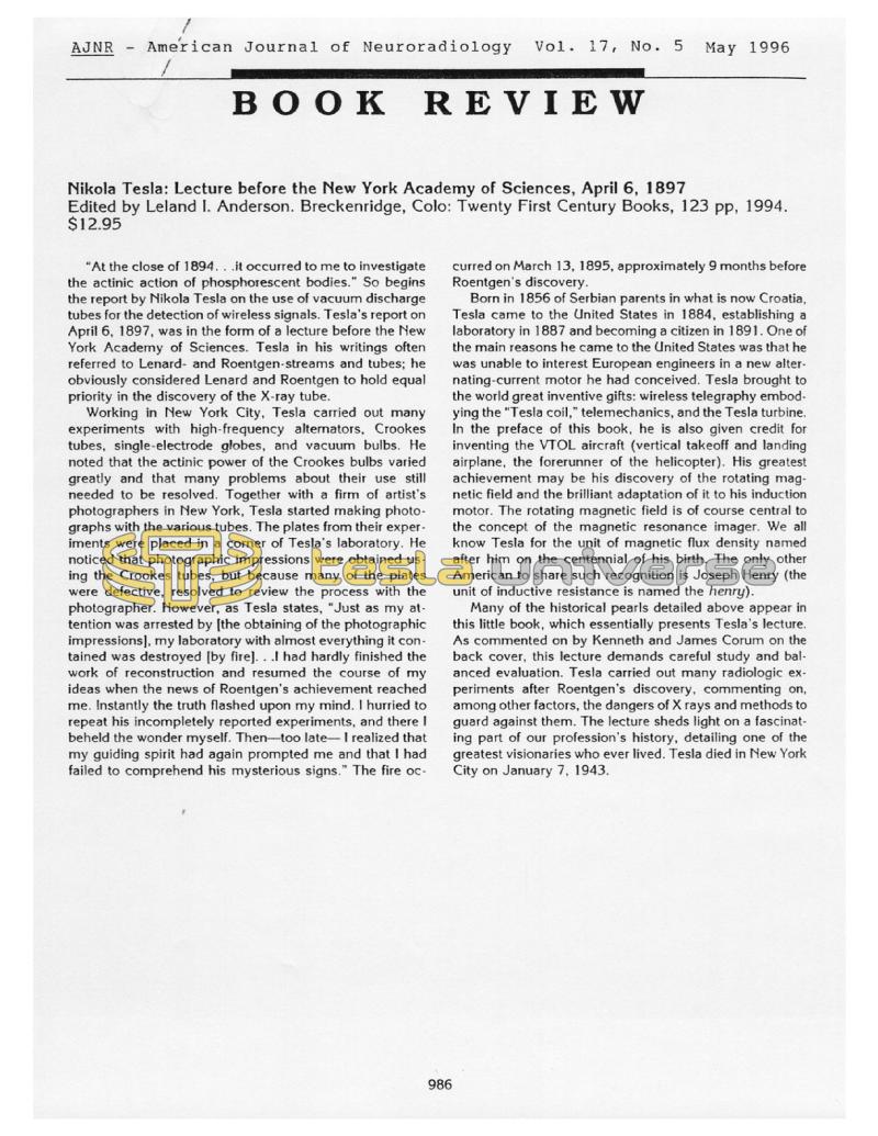 Preview of Book Review - Nikola Tesla: Lecture before the New York Academy of Sciences, April 6, 1897 article