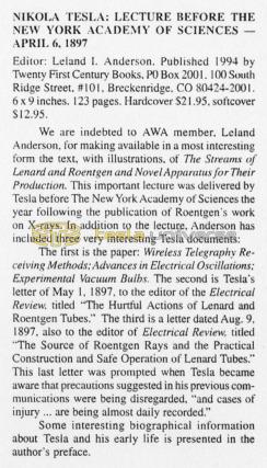 Preview of Reviews - Nikola Tesla: Lecture before the New York Academy of Sciences - April 6, 1897 article