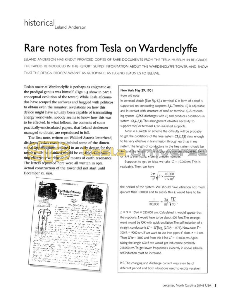 Preview of Rare notes from Tesla on Wardenclyffe article