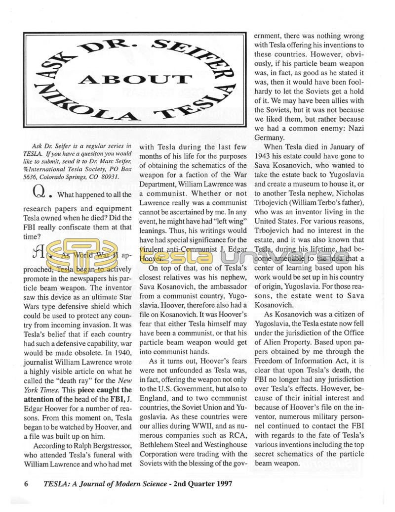 Preview of Ask Dr. Seifer About Nikola Tesla - 2nd Quarter 1997 article
