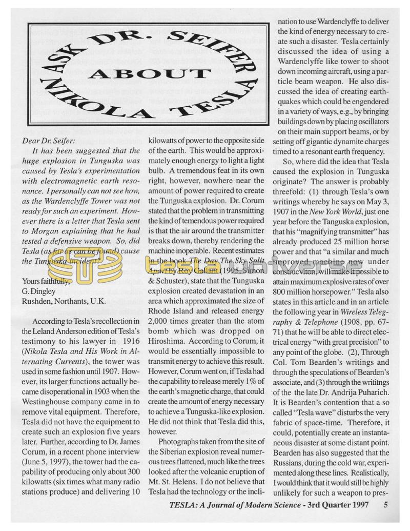 Preview of Ask Dr. Seifer About Nikola Tesla - 3rd Quarter 1997 article