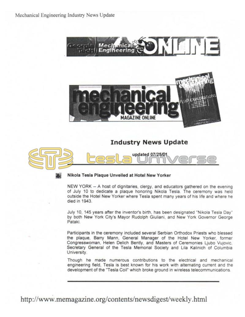 Preview of Nikola Tesla Plaque Unveiled at Hotel New Yorker article