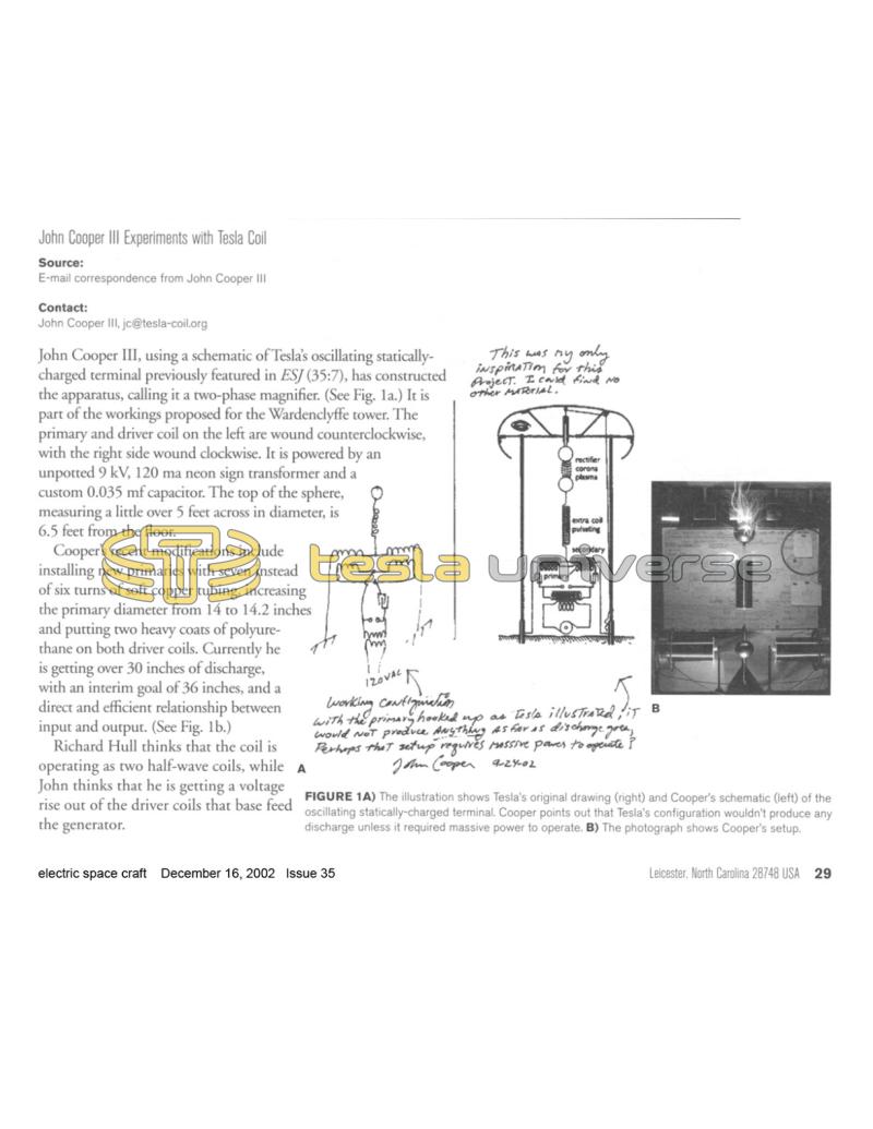 Preview of John Cooper III Experiments with Tesla Coil article