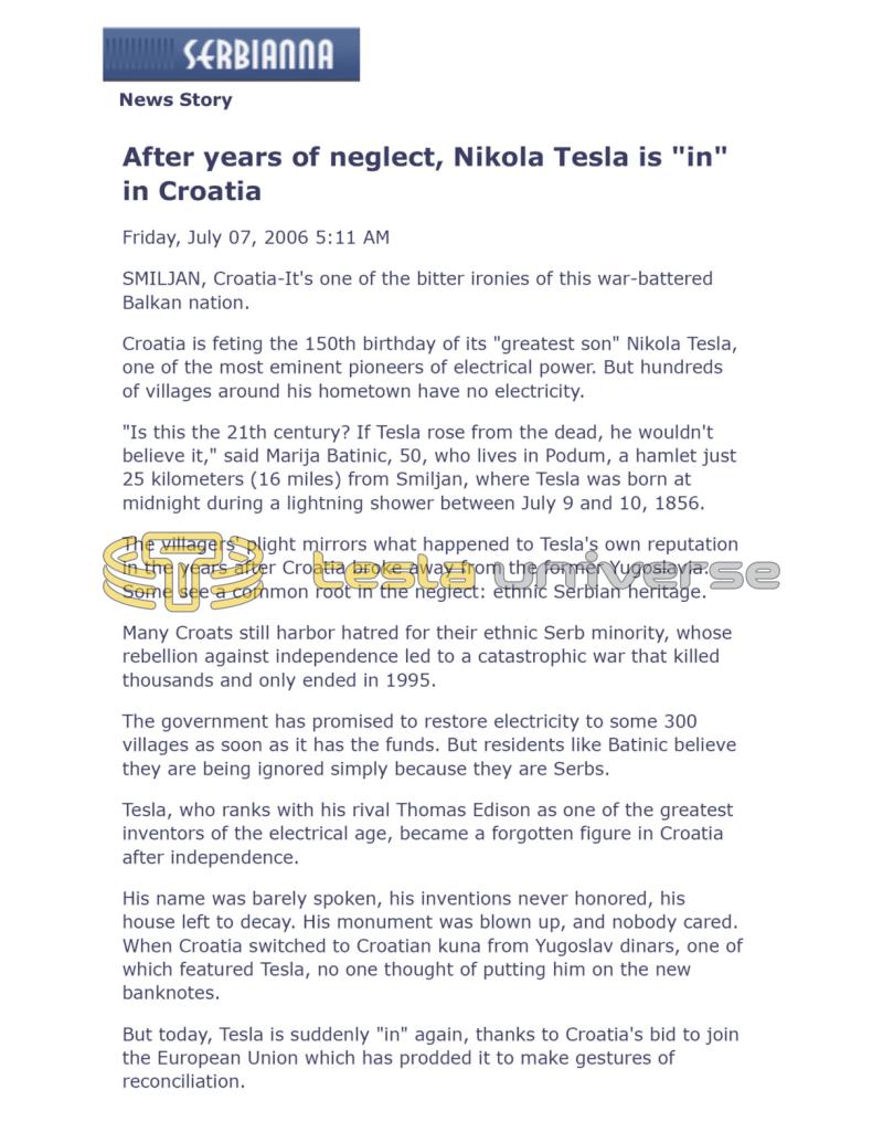 Preview of After Years of Neglect, Nikola Tesla is "in" in Croatia article