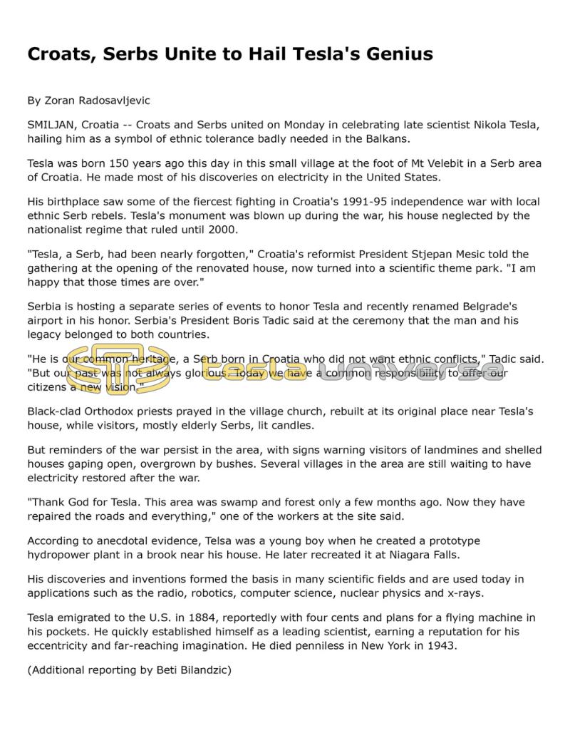 Preview of Croats, Serbs Unite to Hail Tesla's Genius article