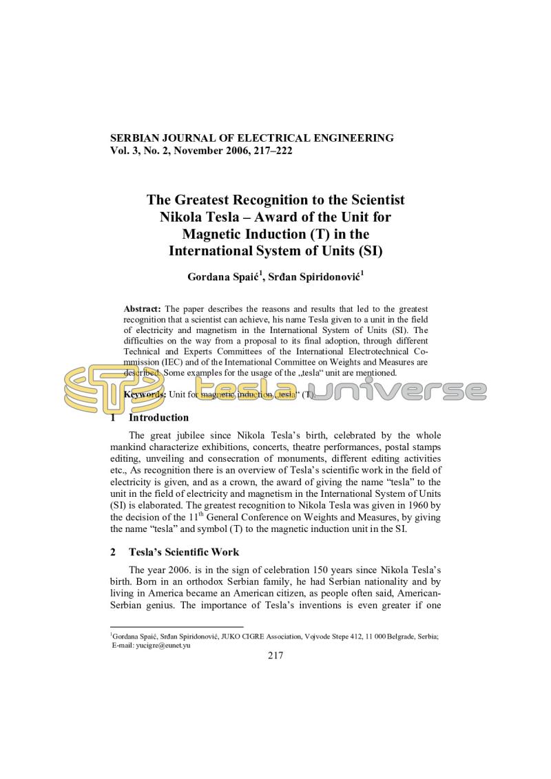 Preview of The Greatest Recognition to the Scientist Nikola Tesla - Award of the Unit for Magnetic Induction (T) in the International System of Units (SI) article
