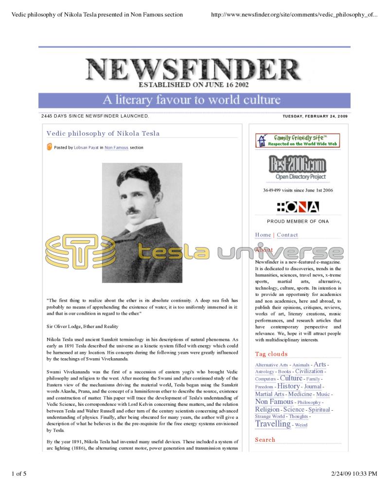 Preview of Vedic Philosophy of Nikola Tesla article