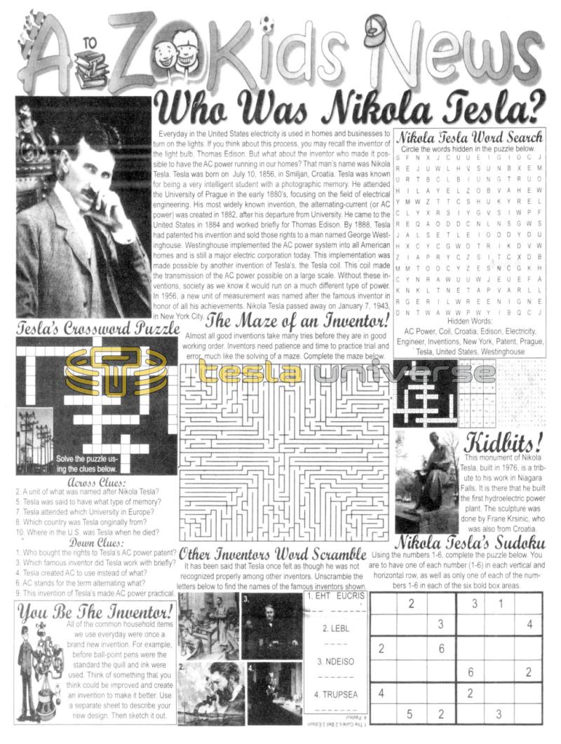 Preview of A to Z Kids News - Who Was Nikola Tesla? article