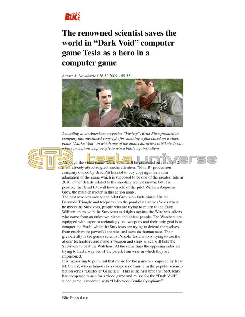 Preview of The Renowned Scientist Saves the World in “Dark Void” Computer Game Tesla as a Hero in a Computer Game article