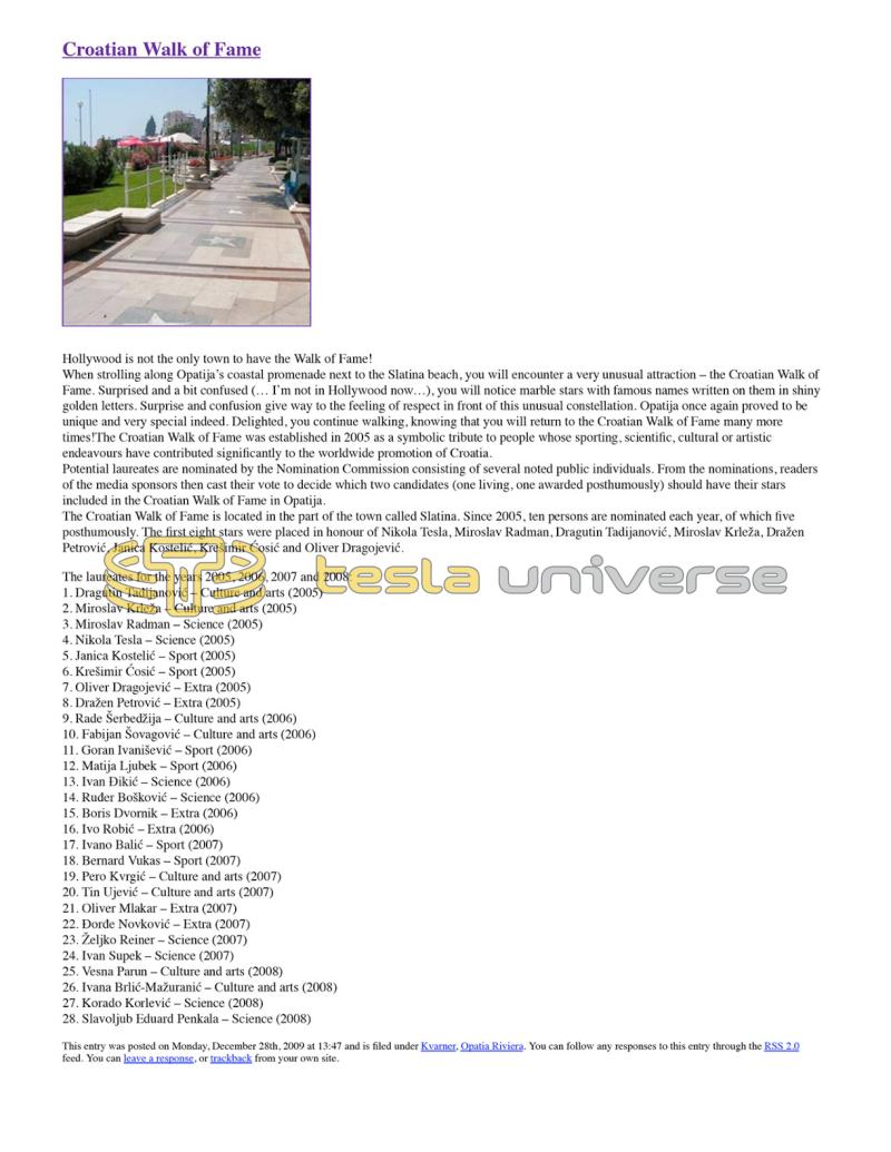 Preview of Croatian Walk of Fame featuring Nikola Tesla article