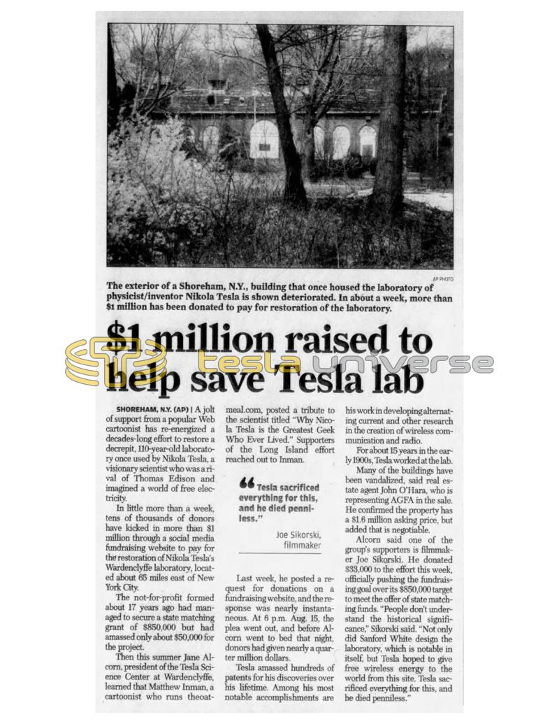 Preview of $1 Million Raised to Help Save Tesla Lab article