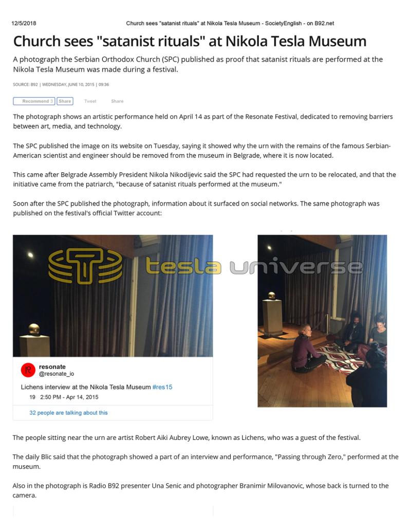 Preview of Church Sees “Satanist Rituals” at Nikola Tesla Museum article