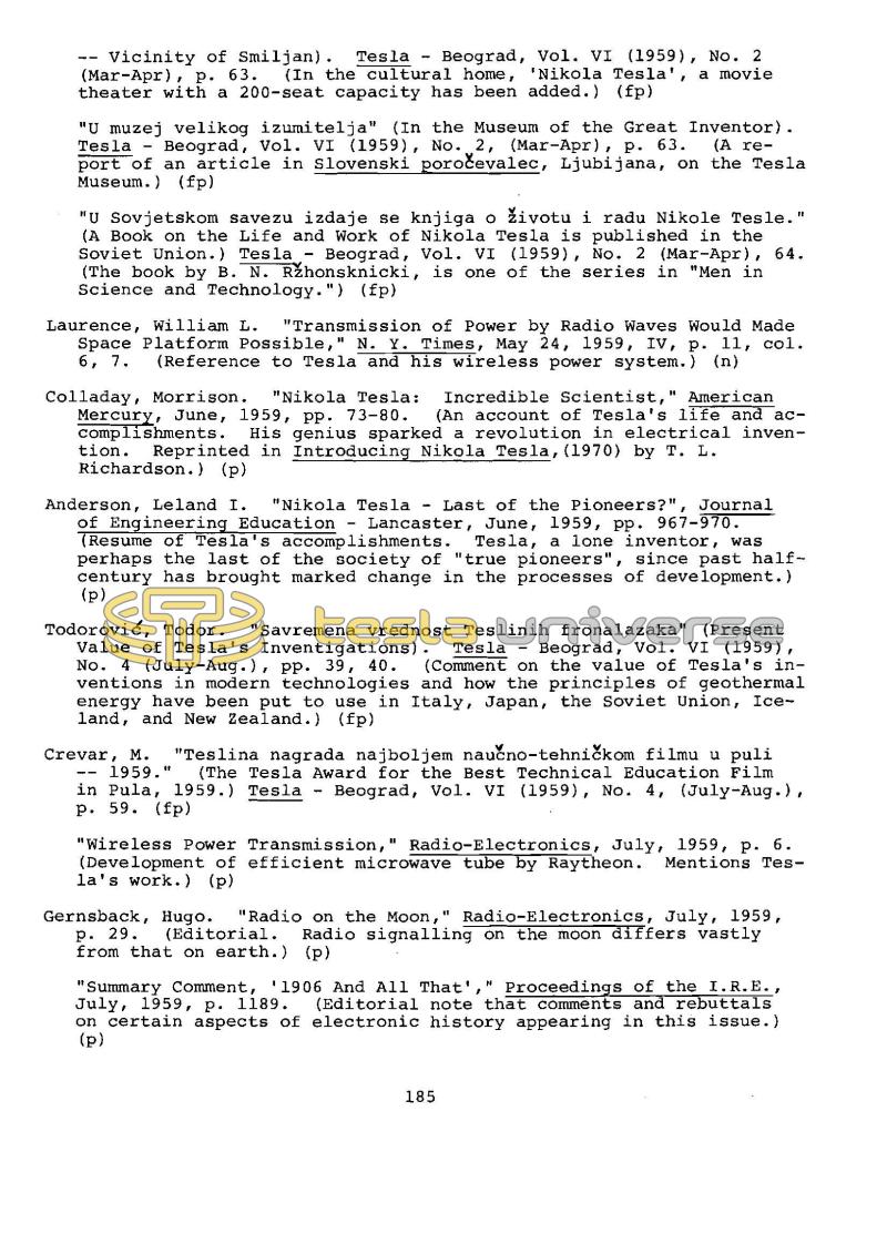Dr. Nikola Tesla Bibliography - Page 185