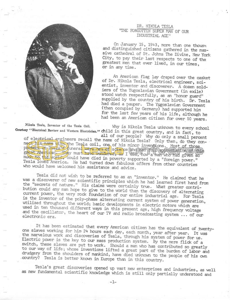 Dr. Nikola Tesla: The Forgotten Super Man of Our Industrial Age - Page 1