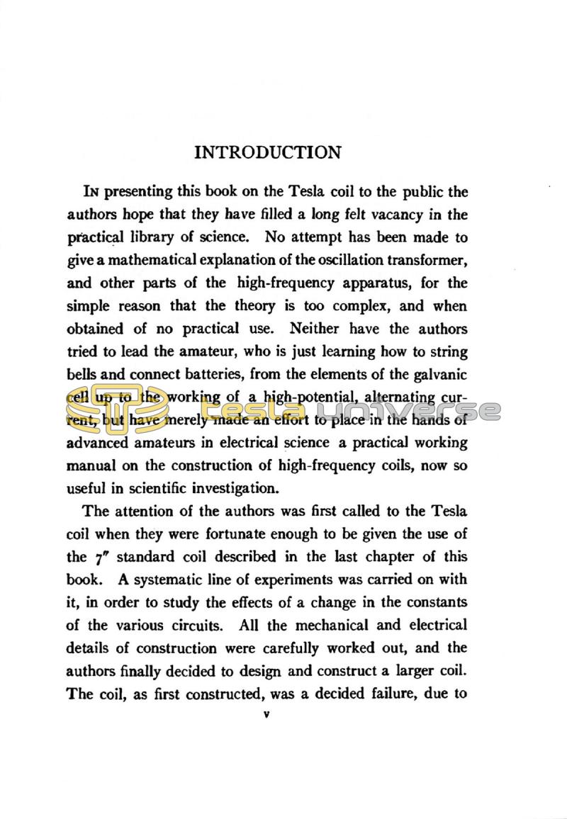 The Tesla High Frequency Coil: Its Construction and Uses - Page v